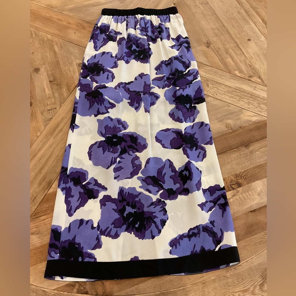 RAEY‎ Silk Floral Midi Skirt Purple Black Cream Size 6 Elastic Waist Designer UK